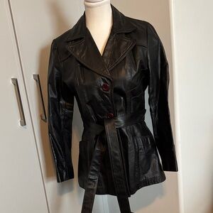 Vintage Black Leather Belted Jacket